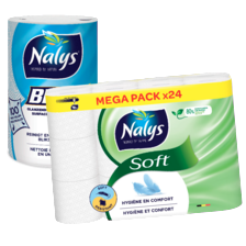 Nalys Blitz huishoudrol in papieren
verpakking pak à 1 rol
of Nalys soft hybrid toiletpapier
pak à 24 rollen